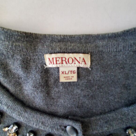 Jeweled Neckline Gray Button-Up Cardigan Sweater Merona Size XL Preppy Holiday - Picture 6 of 7
